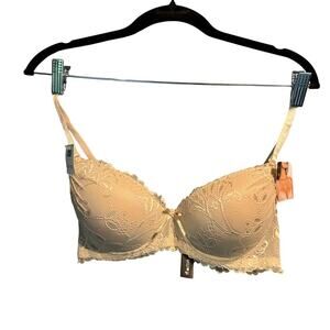NWT Rene Rofe Size 36C Lingerie Lace Bra Nude Beige PushUp Adjustable Straps